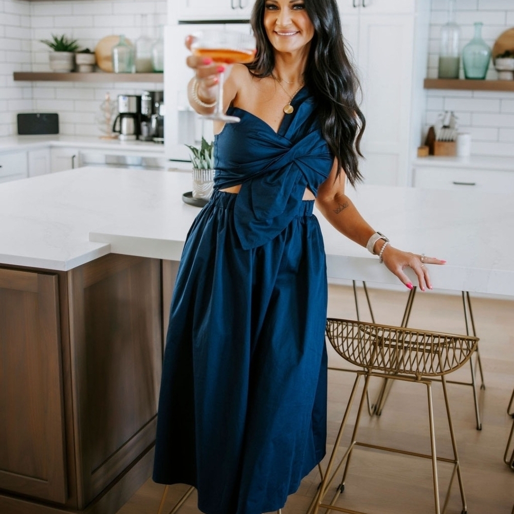 Women's Navy Bow Front Midi Dress